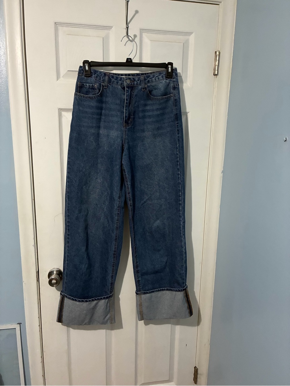 Tinseltown Dark Blue High-Rise Wide Leg Jeans with Cuffed Hem